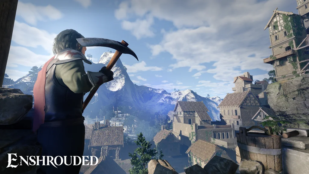 Player overlooking an Enshrouded village ahead of the 1.0 launch
