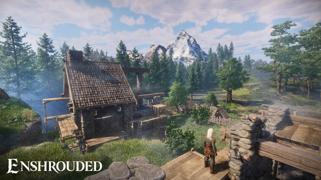 Enshrouded base built on a dedicated server with mountains behind it