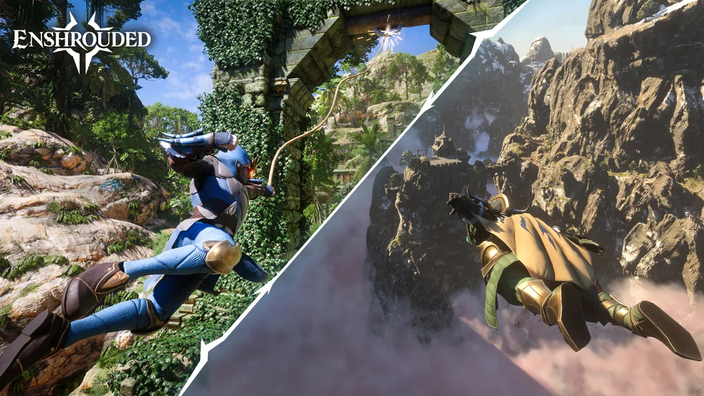 Enshrouded multiplayer players grappling through ruins and gliding over the Shroud